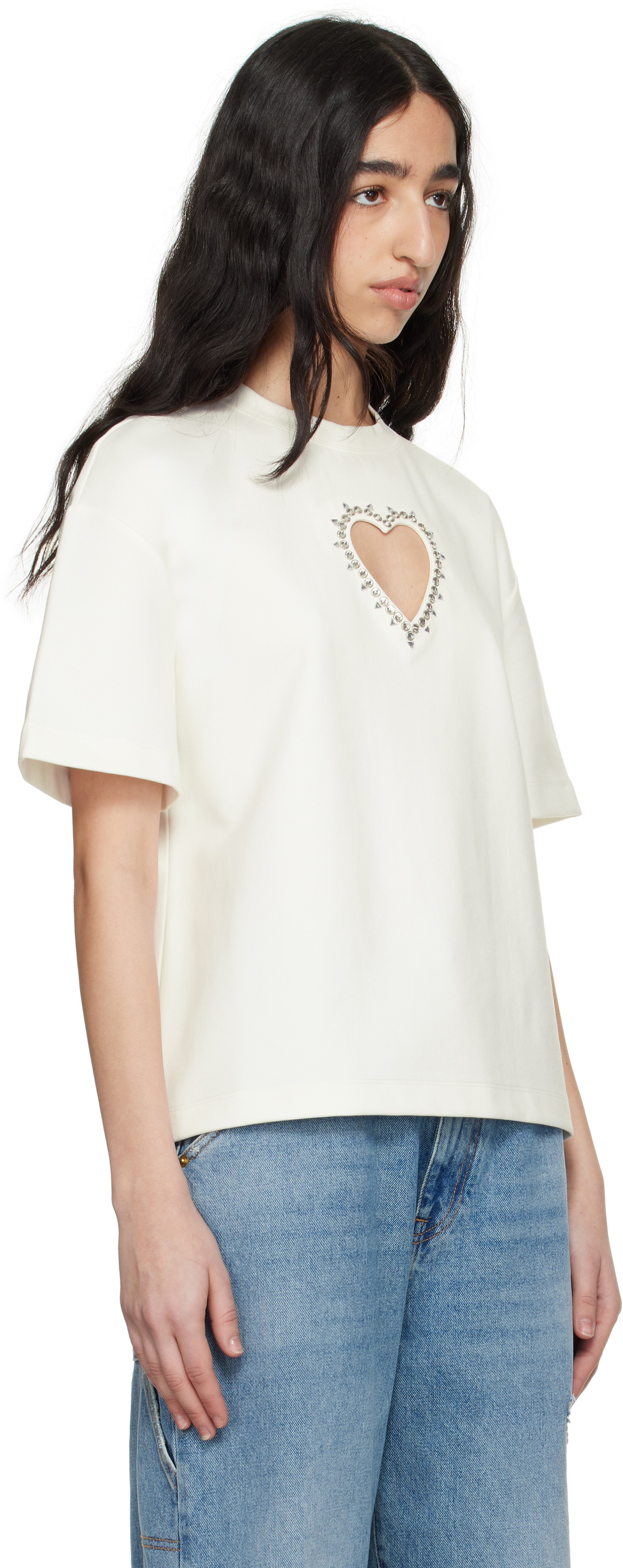 AREA White Crystal Heart Cutout Relaxed T-shirt