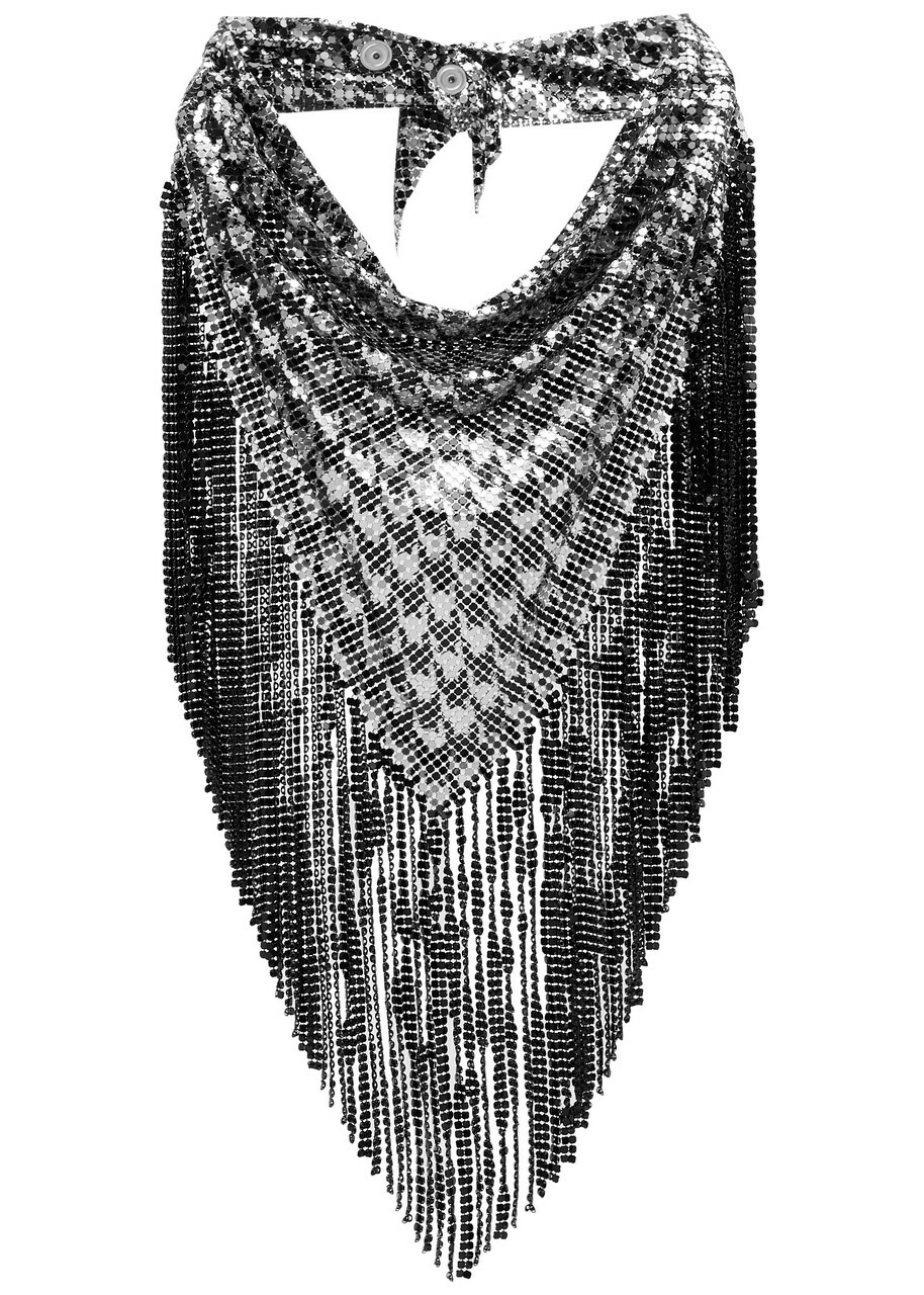 Rabanne Fringed Chainmail Scarf - Black And Silver - One
