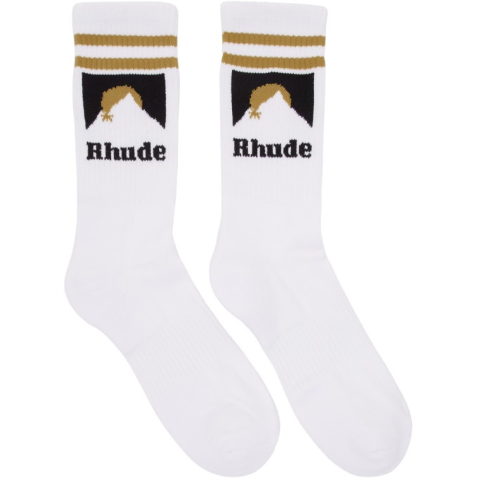 Photo: Rhude White and Gold Mountain Logo Socks