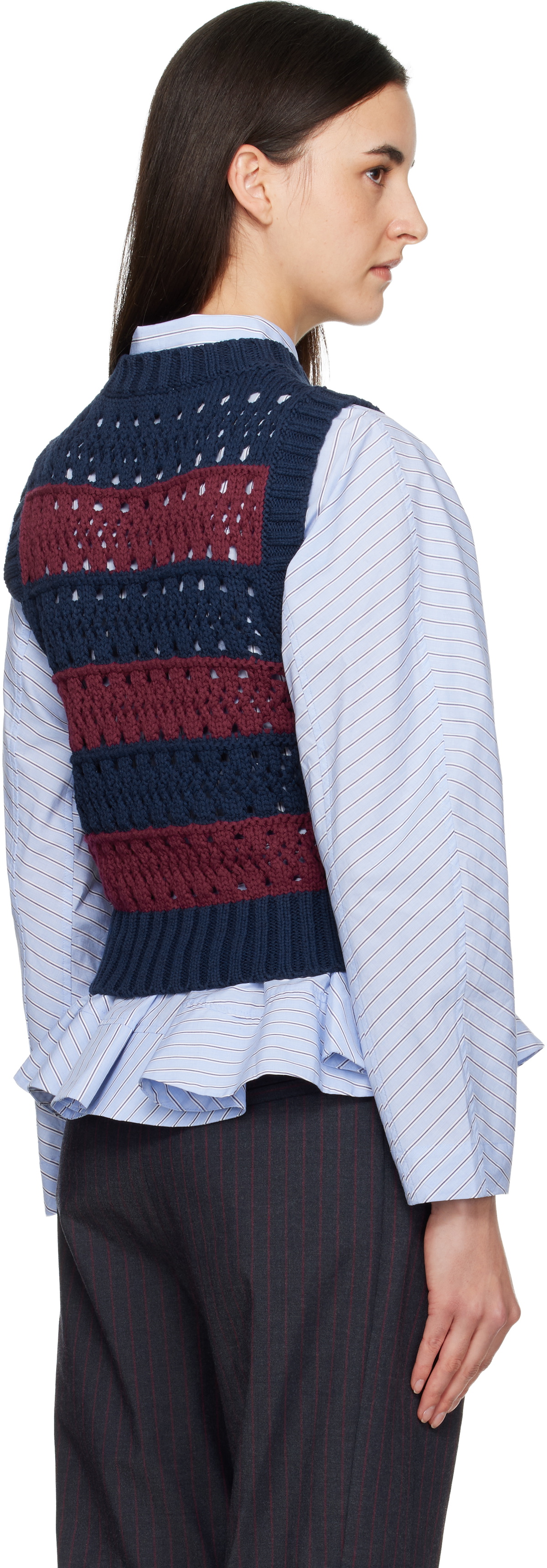 GANNI Navy & Burgundy Cotton Mixed Stripe Vest