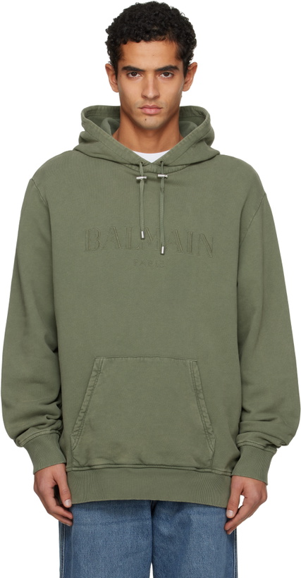 Photo: Balmain Khaki Vintage 'Balmain' Embroidered Hoodie