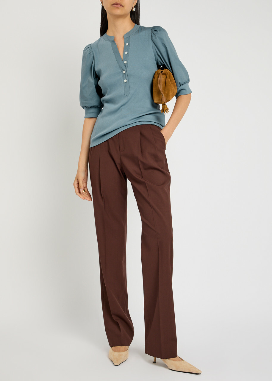 Veronica Beard Coralee Ribbed Stretch-cotton top Blue