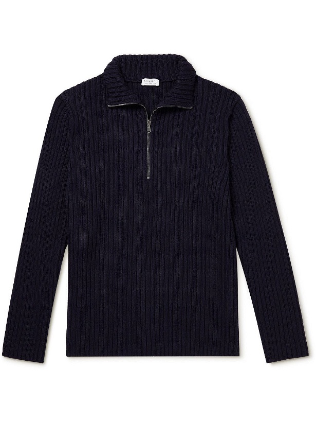 Photo: Sunspel - Slim-Fit Ribbed Merino Wool Half-Zip Sweater - Blue