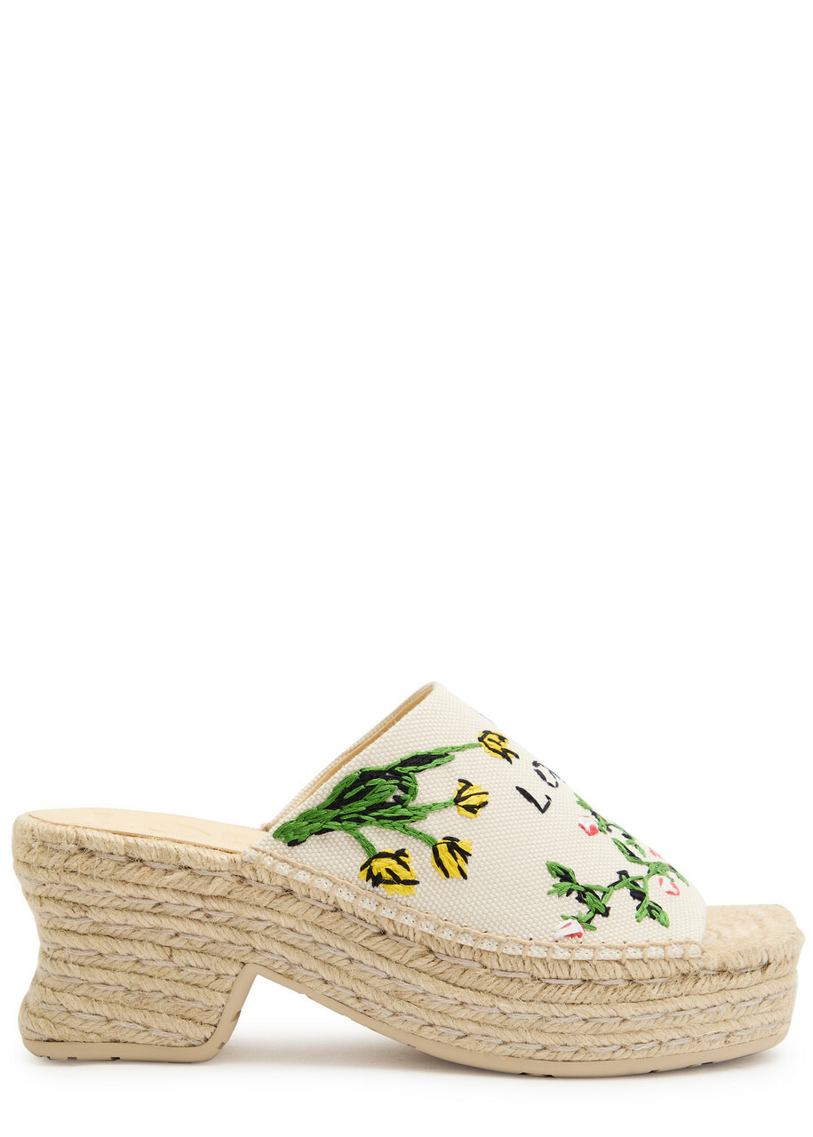 Loewe Petal 80 Espadrille Embroidered Canvas Slides Beige