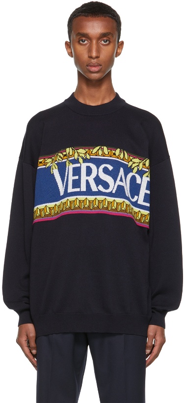 Photo: Versace Navy Knit Logo Graphic Sweater