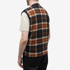 Universal Works Men's Check Wool Fleece Zip Waistcoat in Brown