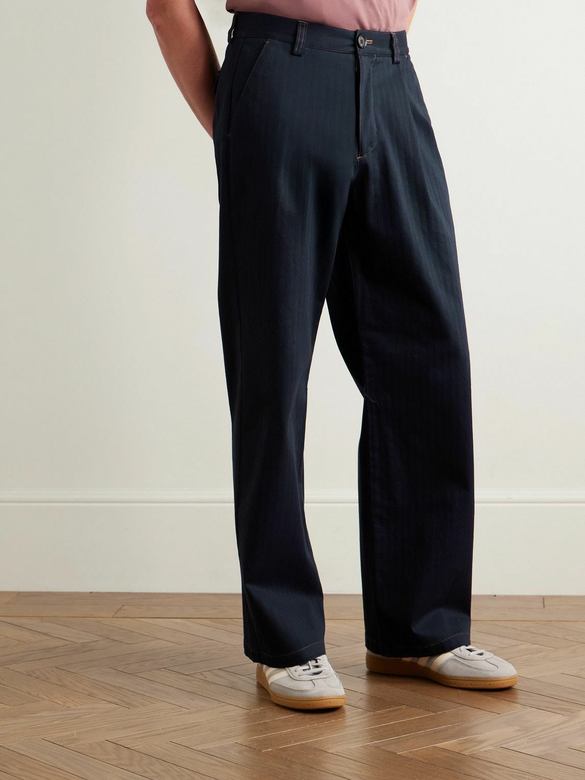 Oliver Spencer - Orsman Straight-Leg Pleated Herringbone Cotton-Blend Trousers - Blue