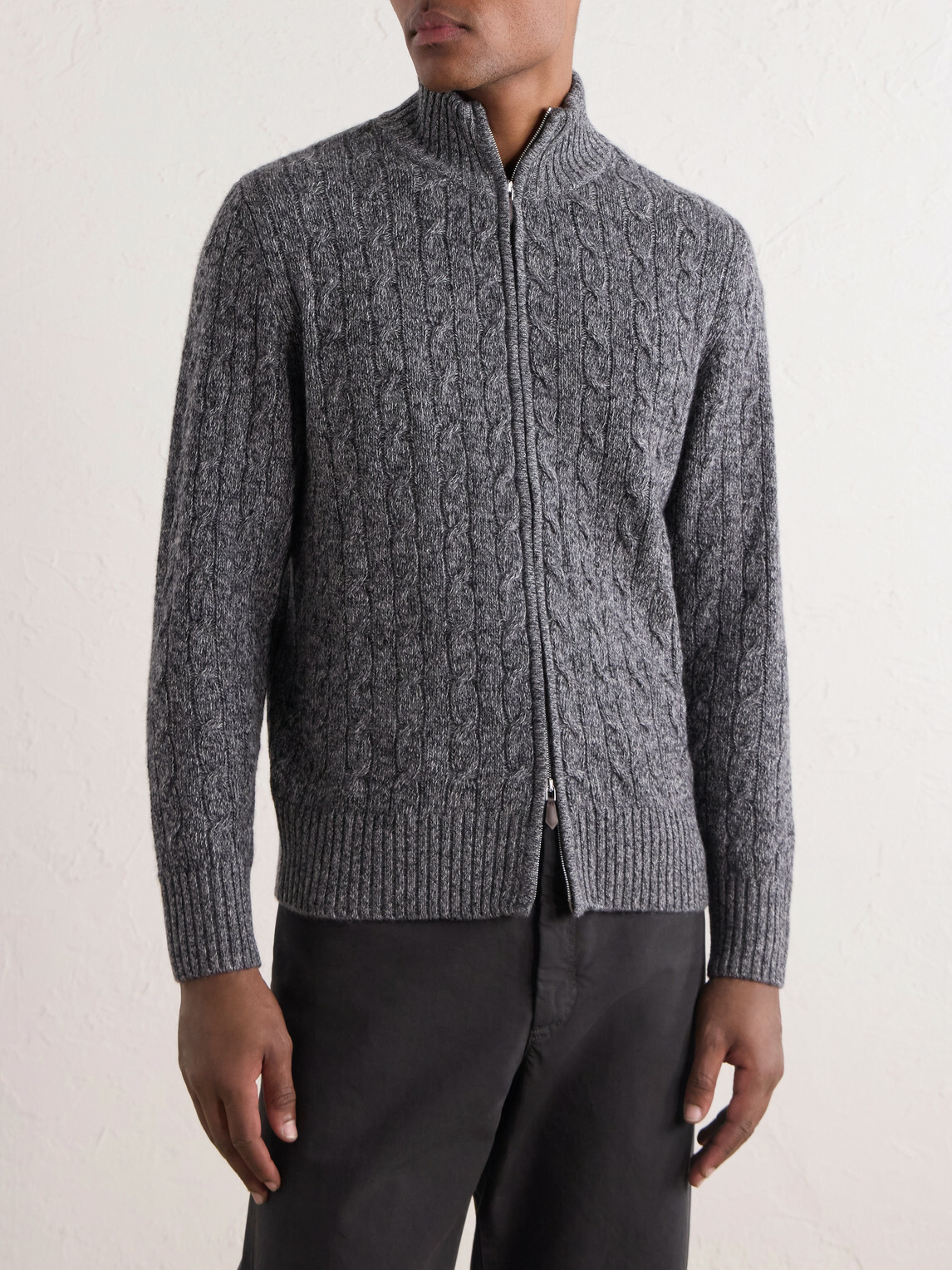 N.PEAL - Cable-Knit Cashmere Zip-Up Sweater - Gray