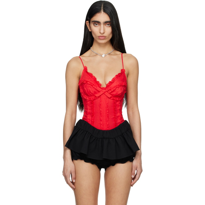 Photo: SHUSHU/TONG Red Ruched Bustier Cami Bodysuit