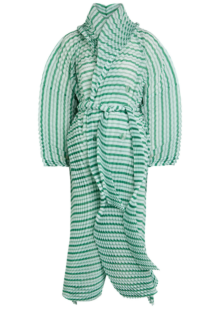 Issey Miyake Striped Pleated Woven Coat Green