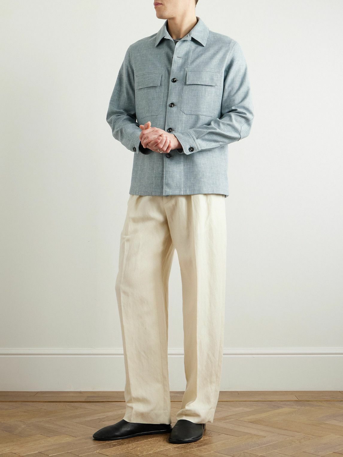 Zegna - Leather-Trimmed Woven Overshirt - Blue