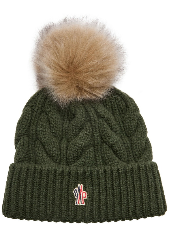Photo: Moncler Pompom Cable-knit Wool-blend Beanie - Green Dark - One Size