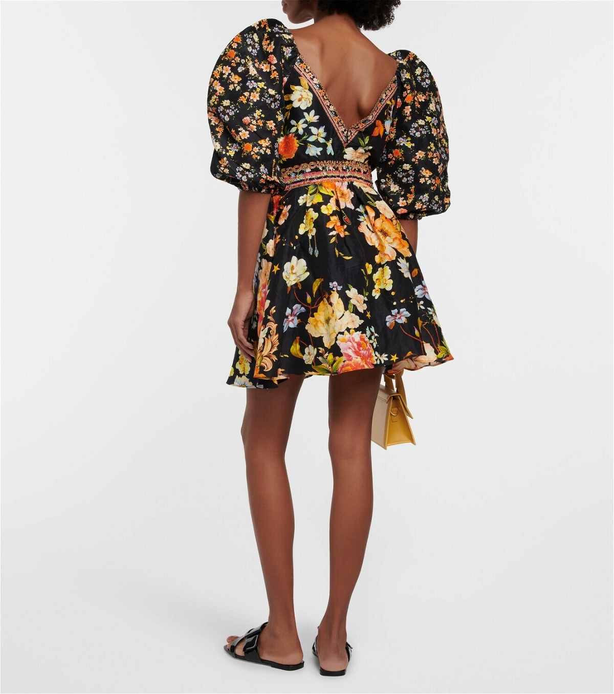 Camilla Puff-sleeve embellished silk minidress