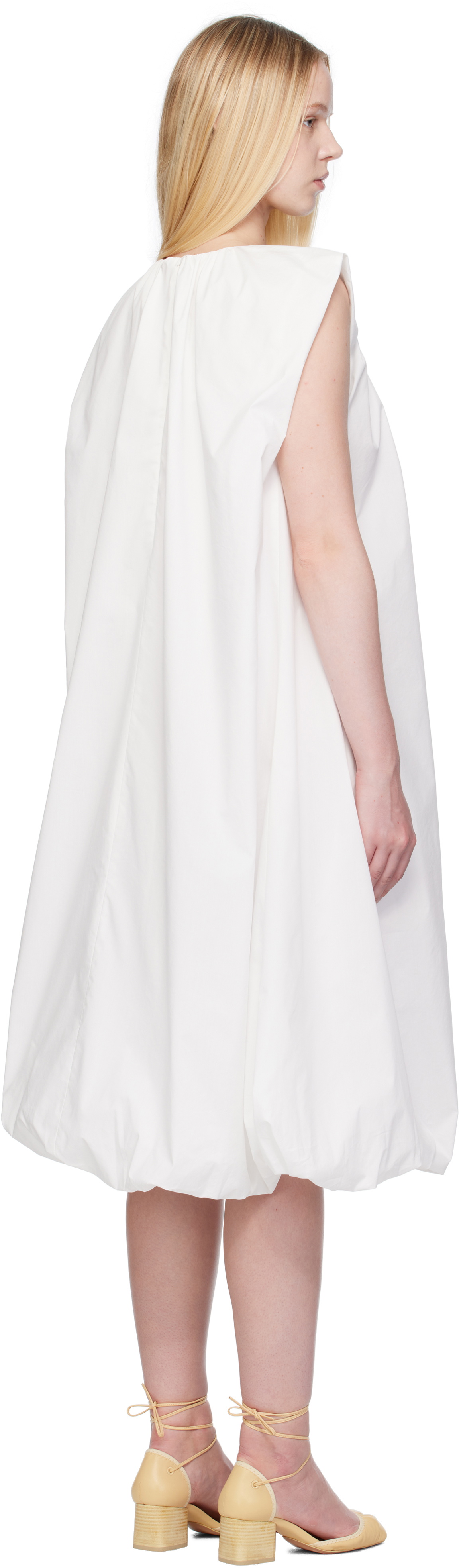 AMOMENTO White Cotton Volume Shirring Minidress