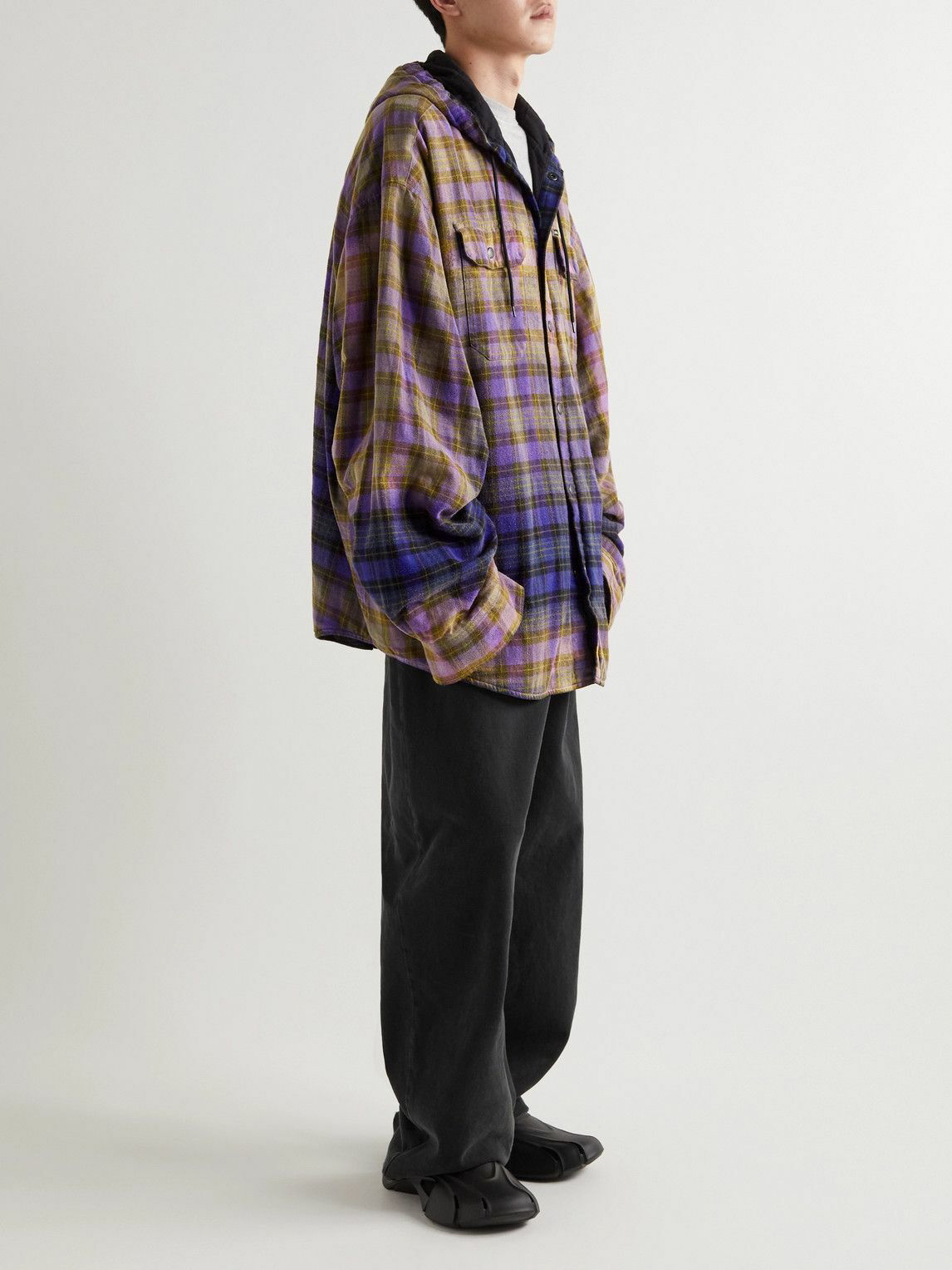 Balenciaga - Oversized Bleached Checked Cotton-Flannel Hooded ...