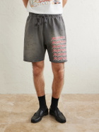 SAINT MXXXXXX - Wide-Leg Logo-Print Distressed Cotton-Jersey Drawstring Shorts - Gray
