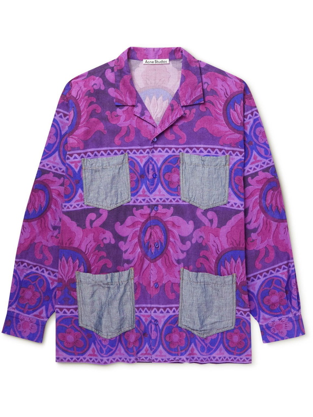 Photo: Acne Studios - Camp-Collar Twill-Trimmed Printed Cotton-Corduroy Shirt - Purple