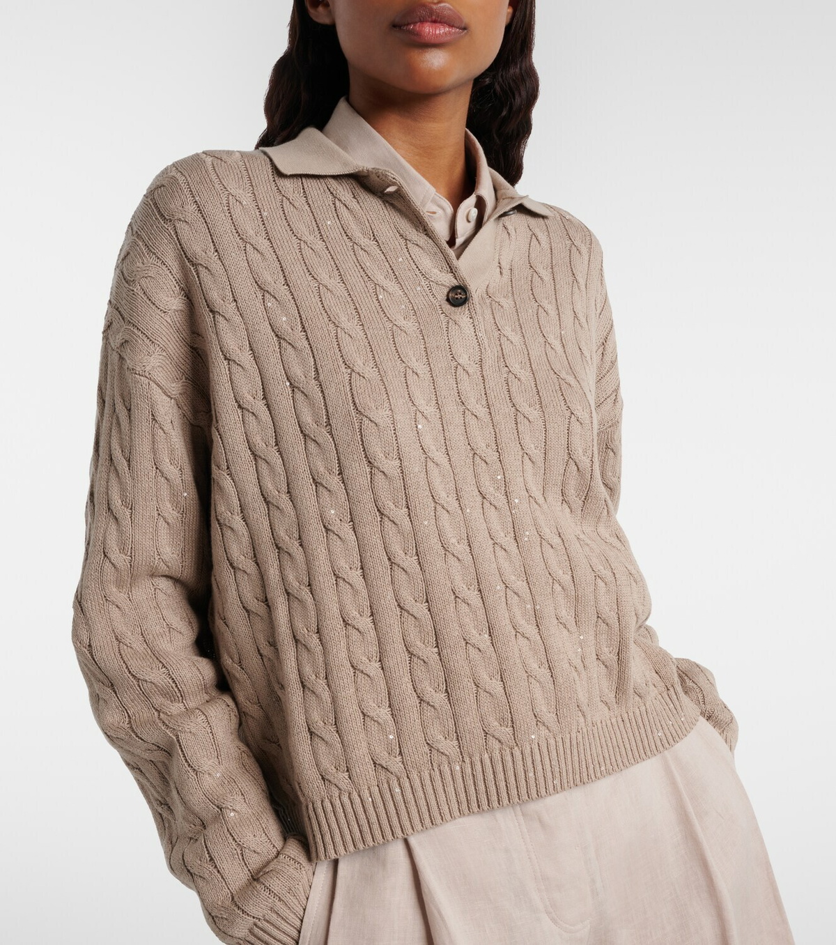 Brunello Cucinelli Cable-knit cotton-blend polo sweater