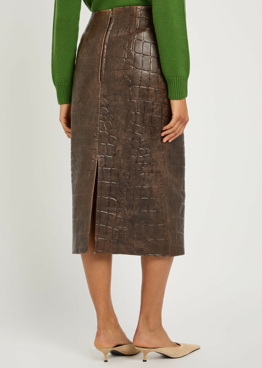 Emilia Wickstead Loretta Crocodile-effect Leather Midi Skirt Brown