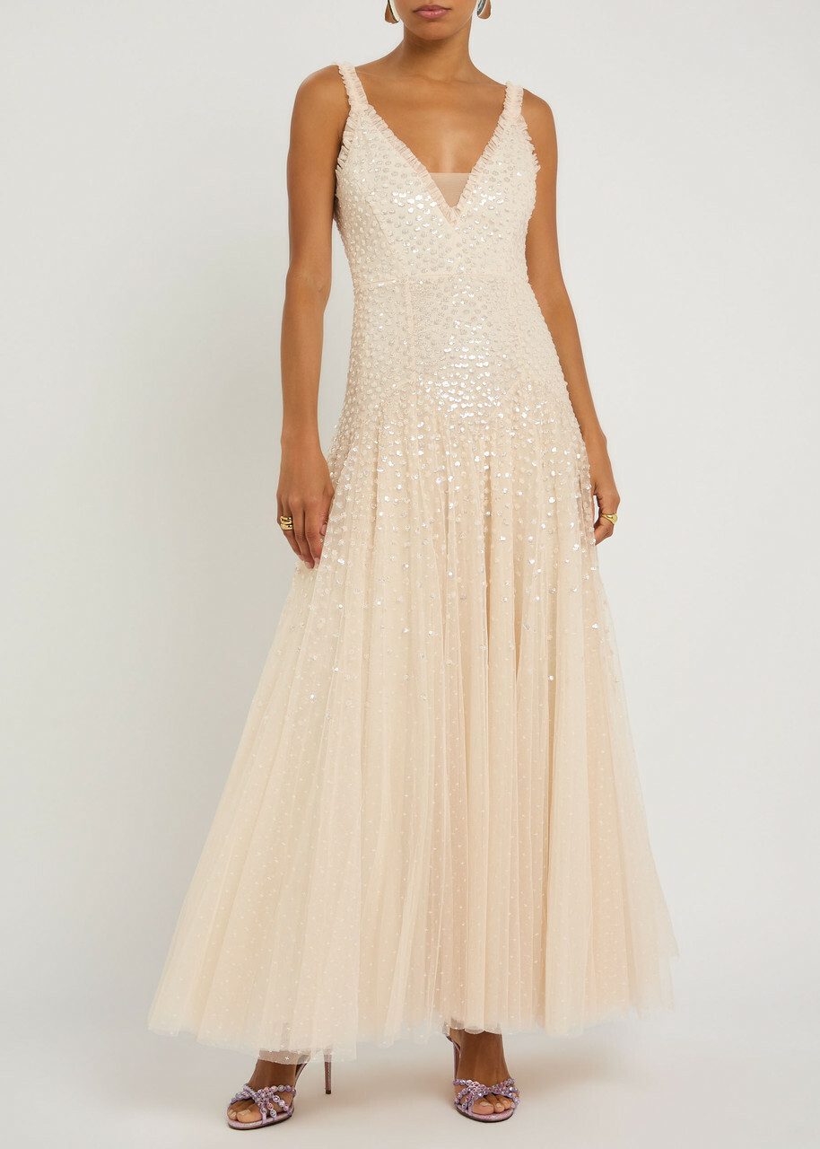 Needle & Thread Sequin-embellished Tulle Gown Cream