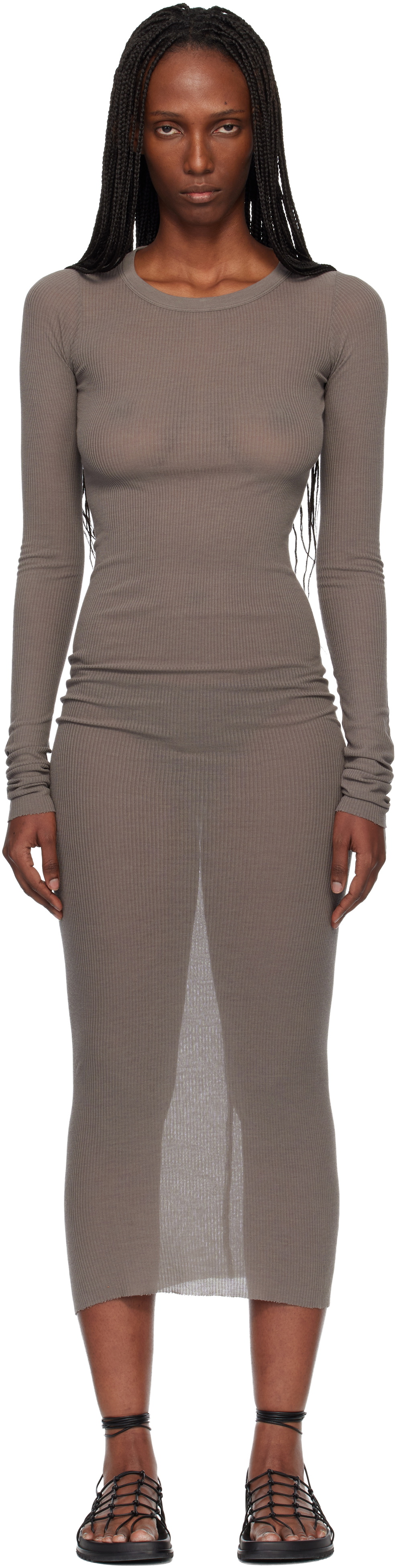 Rick Owens Gray Temple Rib LS Midi Dress