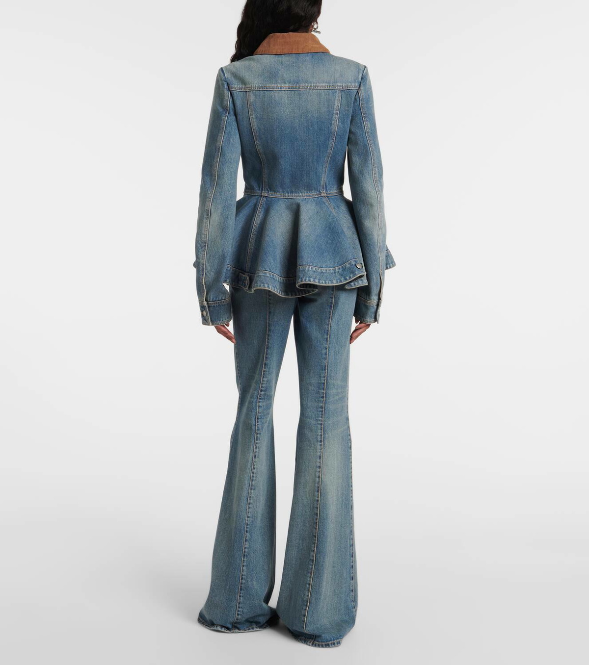 Alexander McQueen Peplum corduroy-trimmed denim jacket