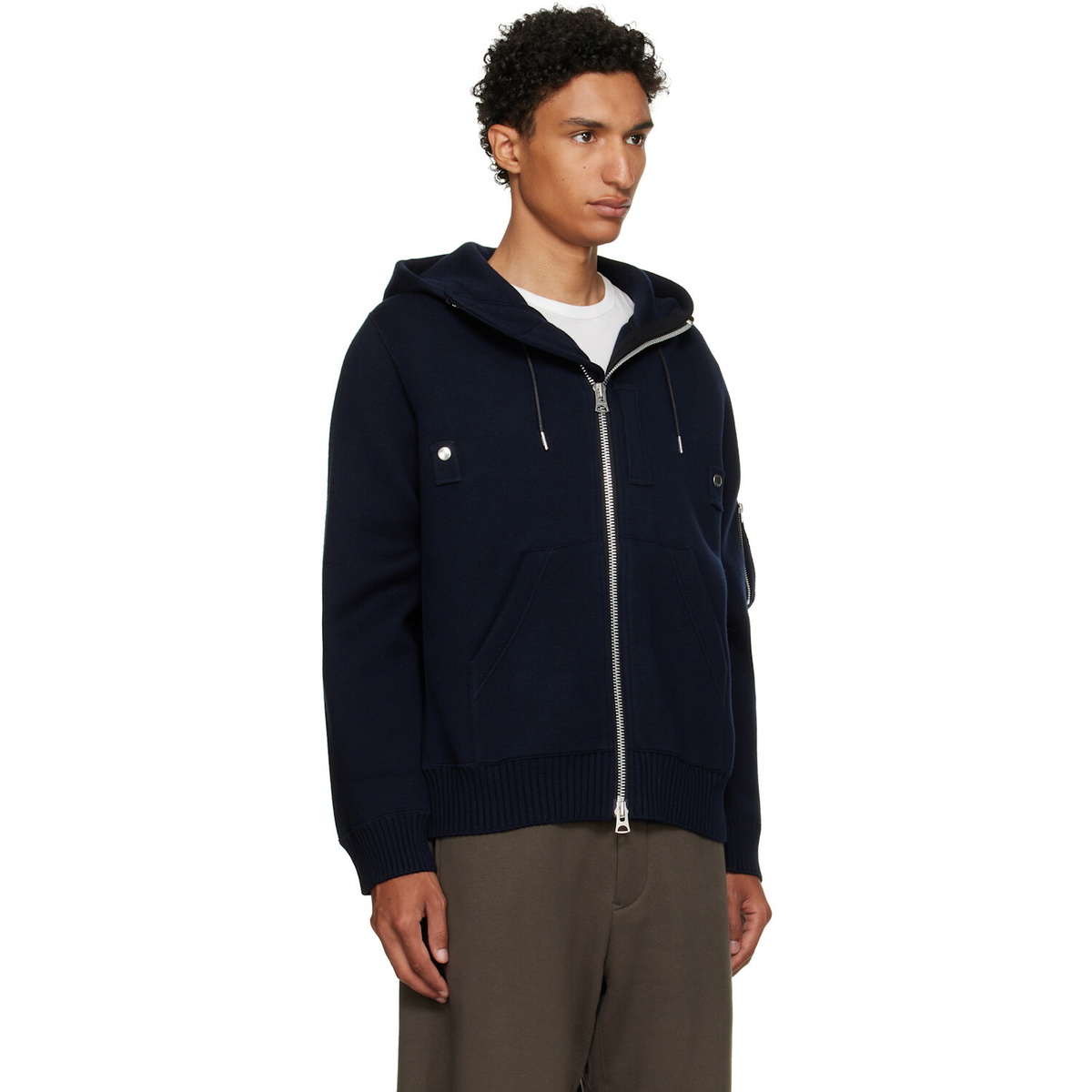 sacai Navy Cotton Cashmere Knit Hoodie