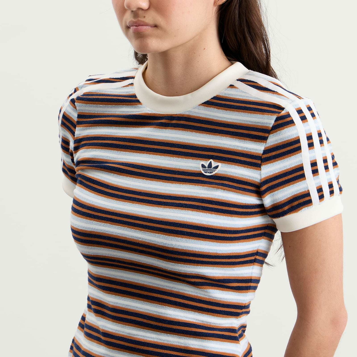 Adidas Women's Striped Terry T-Shirt in Multicolor/Crystal Sky