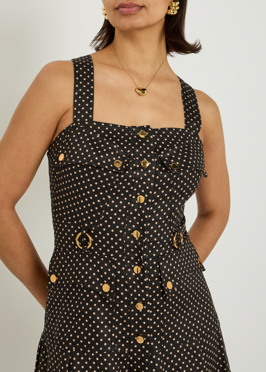 Zimmermann Luna Polka-dot Linen Midi Dress Black
