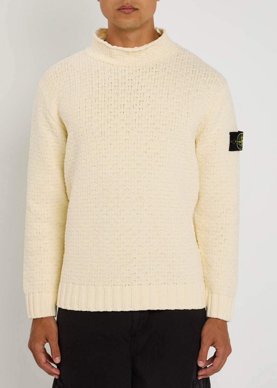 Stone Island Logo Cotton-chenille Jumper Ivory Stone Island