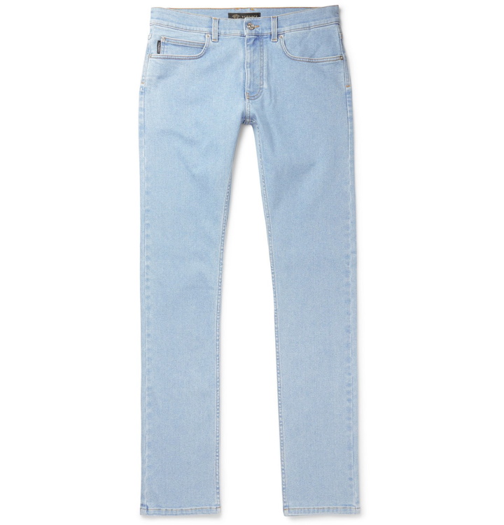 Photo: Versace - Taylor Skinny Fit Logo-Embroidered Printed Stretch-Denim Jeans - Blue