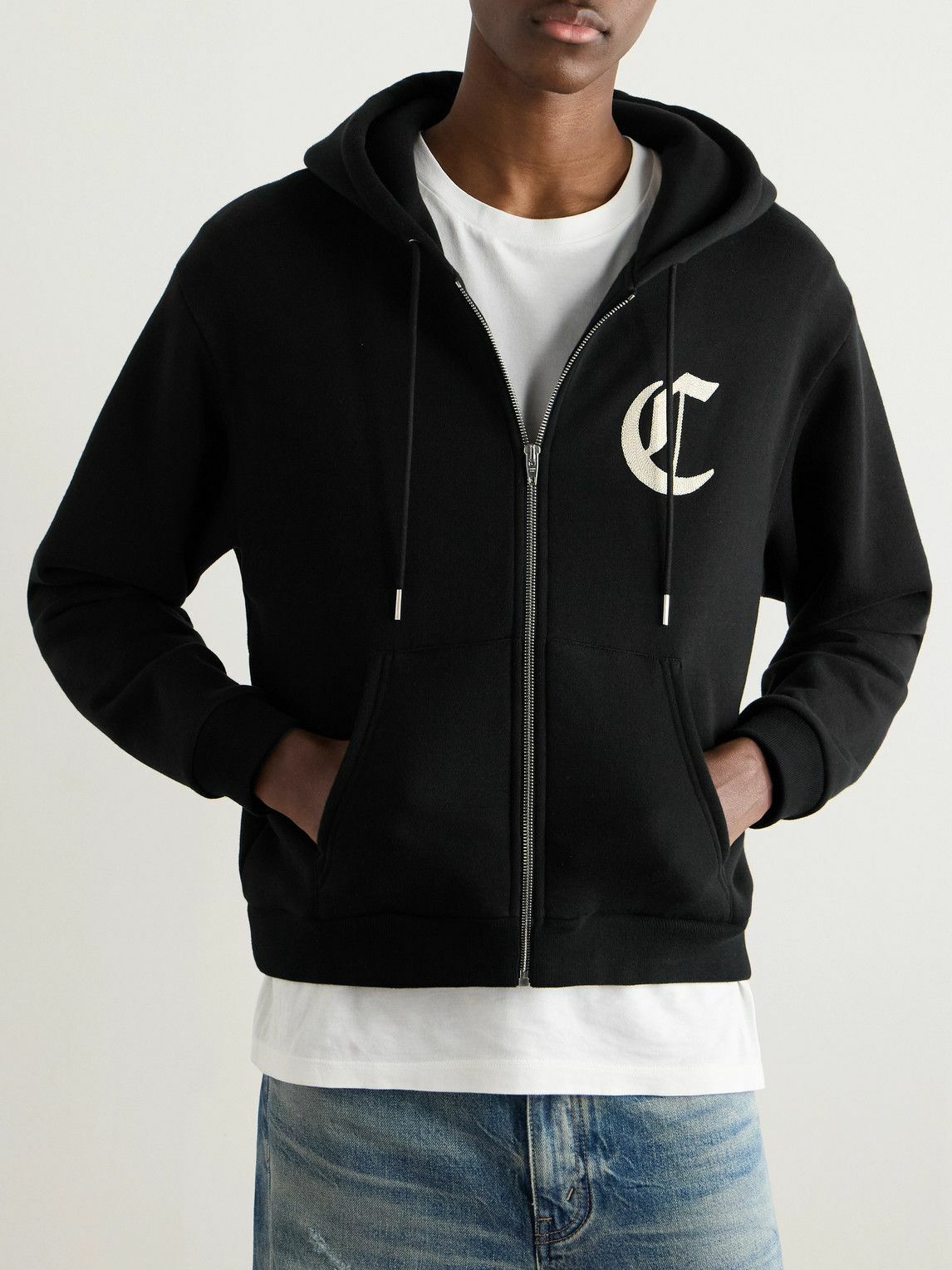 CELINE - Logo-Embroidered Cotton-Jersey Zip-Up Hoodie - Black