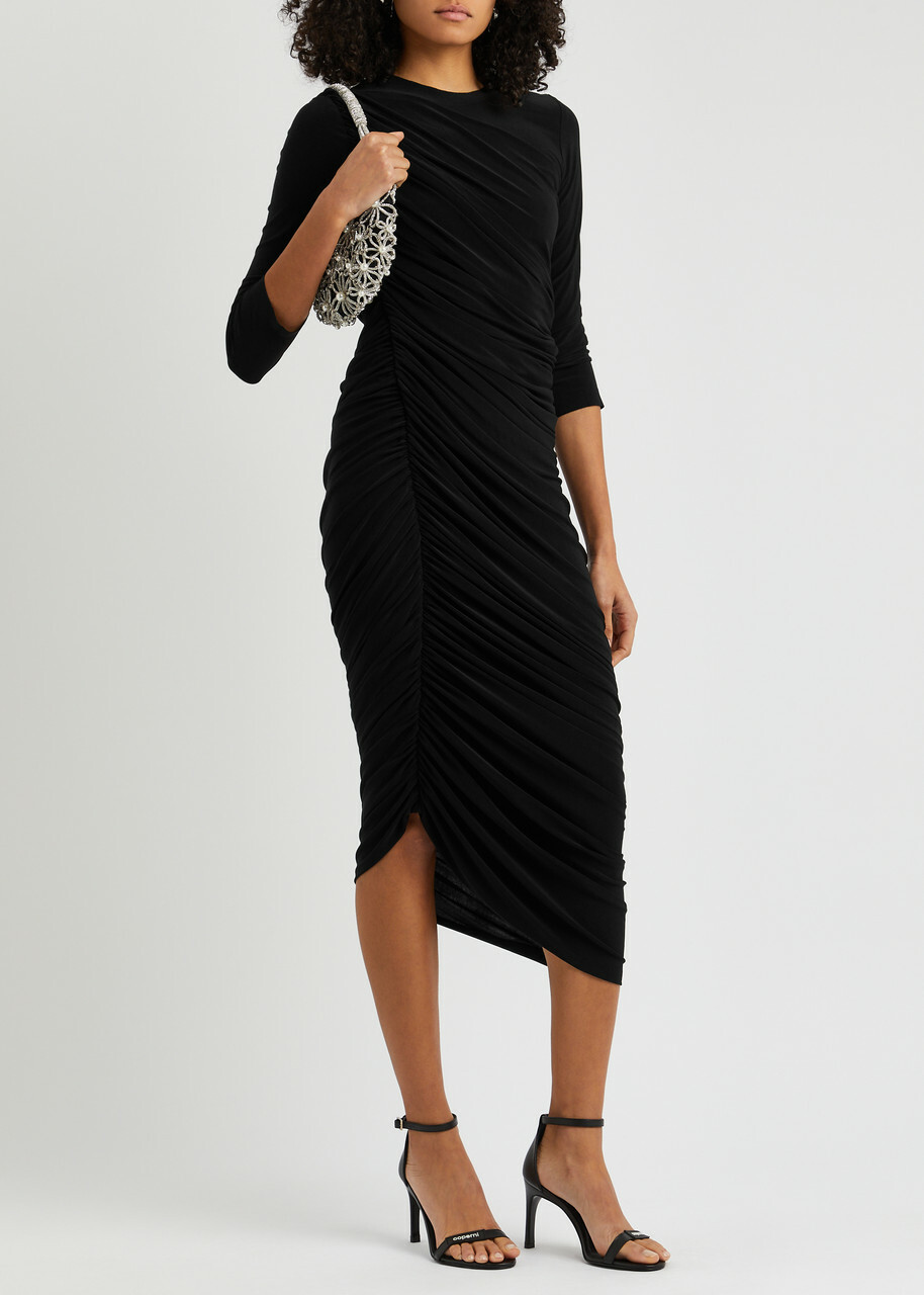 Norma Kamali Diana Asymmetric Ruched Jersey Midi Dress Black