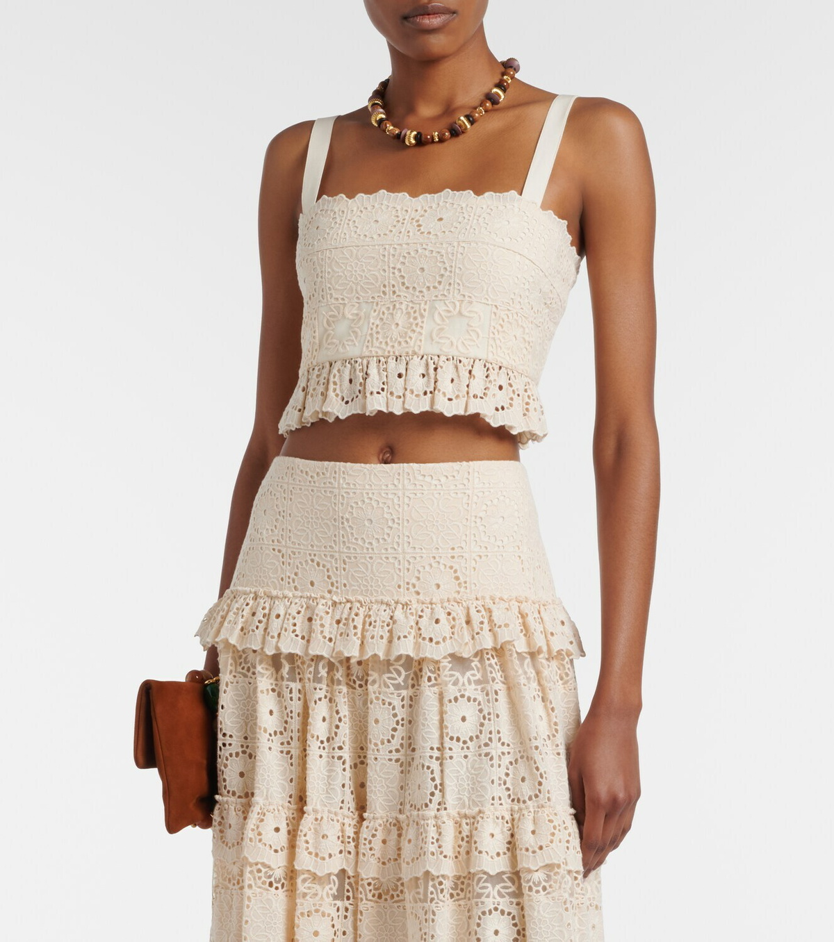 Elie Saab Guipure lace ruffled cotton and silk crop top