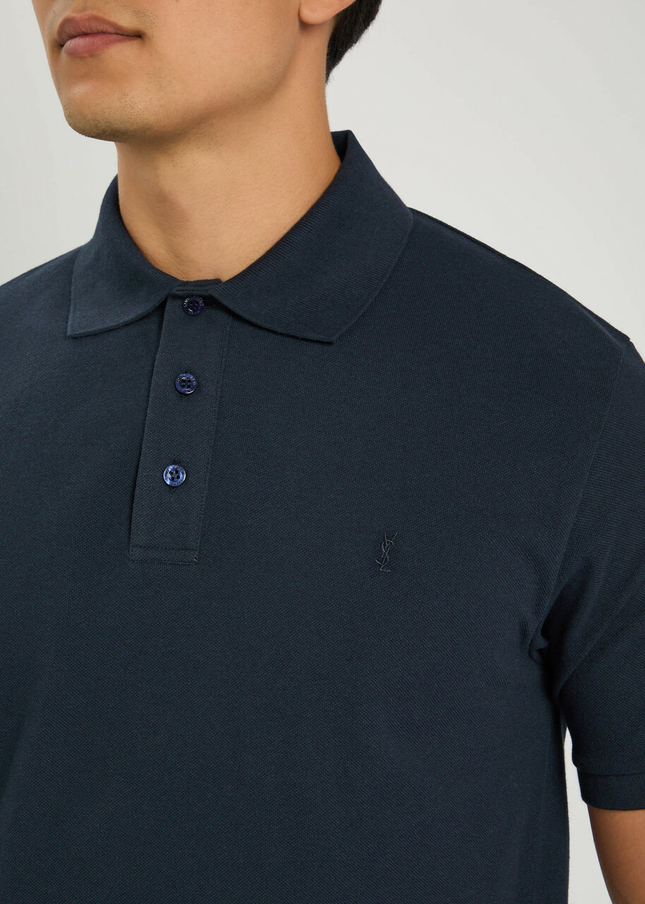 Saint Laurent Logo-embroidered Piqué Cotton-blend Polo Shirt Navy