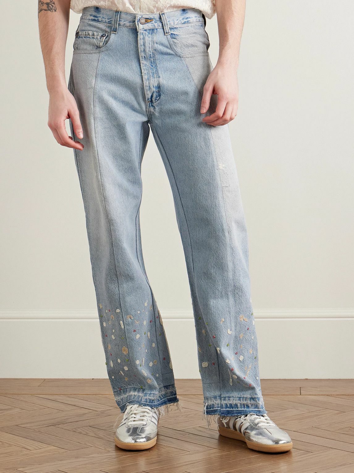 Kartik Research - Straight-Leg Upcycled Frayed Embellished Panelled Jeans - Blue