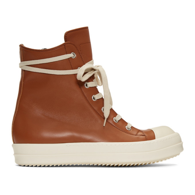 Photo: Rick Owens Brown and White Leather High-Top Sneakers