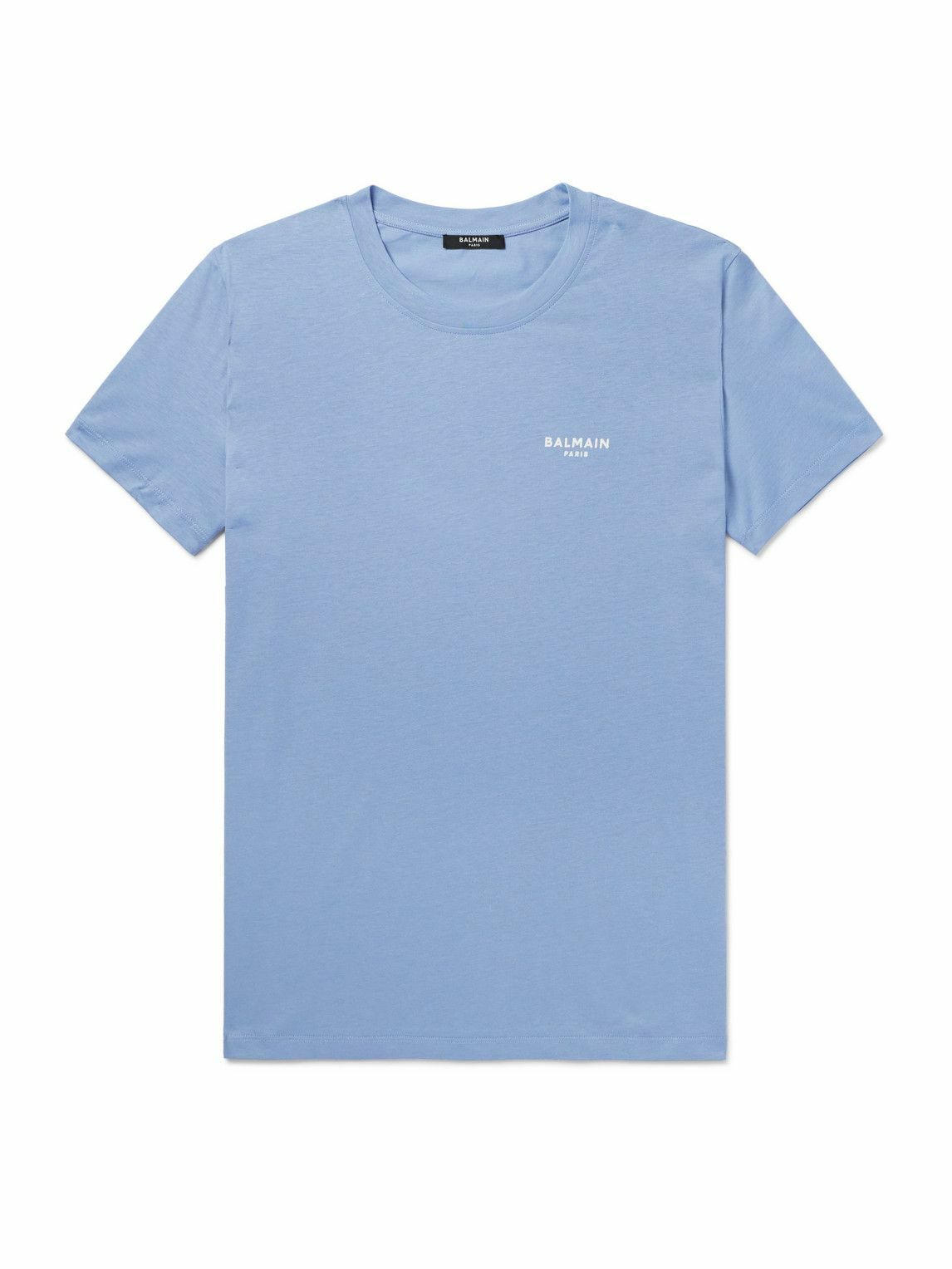 Balmain Logo Flocked Cotton Jersey T Shirt Blue Balmain