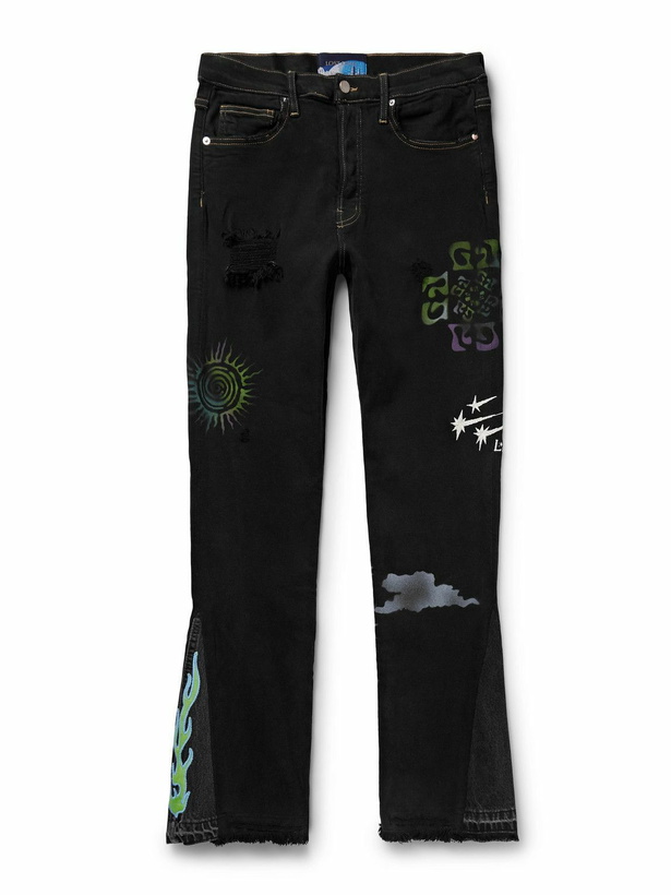 Photo: LOST DAZE - Off-World Slim-Fit Flared Distressed Appliquéd Embroidered Printed Jeans - Black