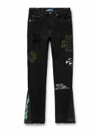 LOST DAZE - Off-World Slim-Fit Flared Distressed Appliquéd Embroidered Printed Jeans - Black