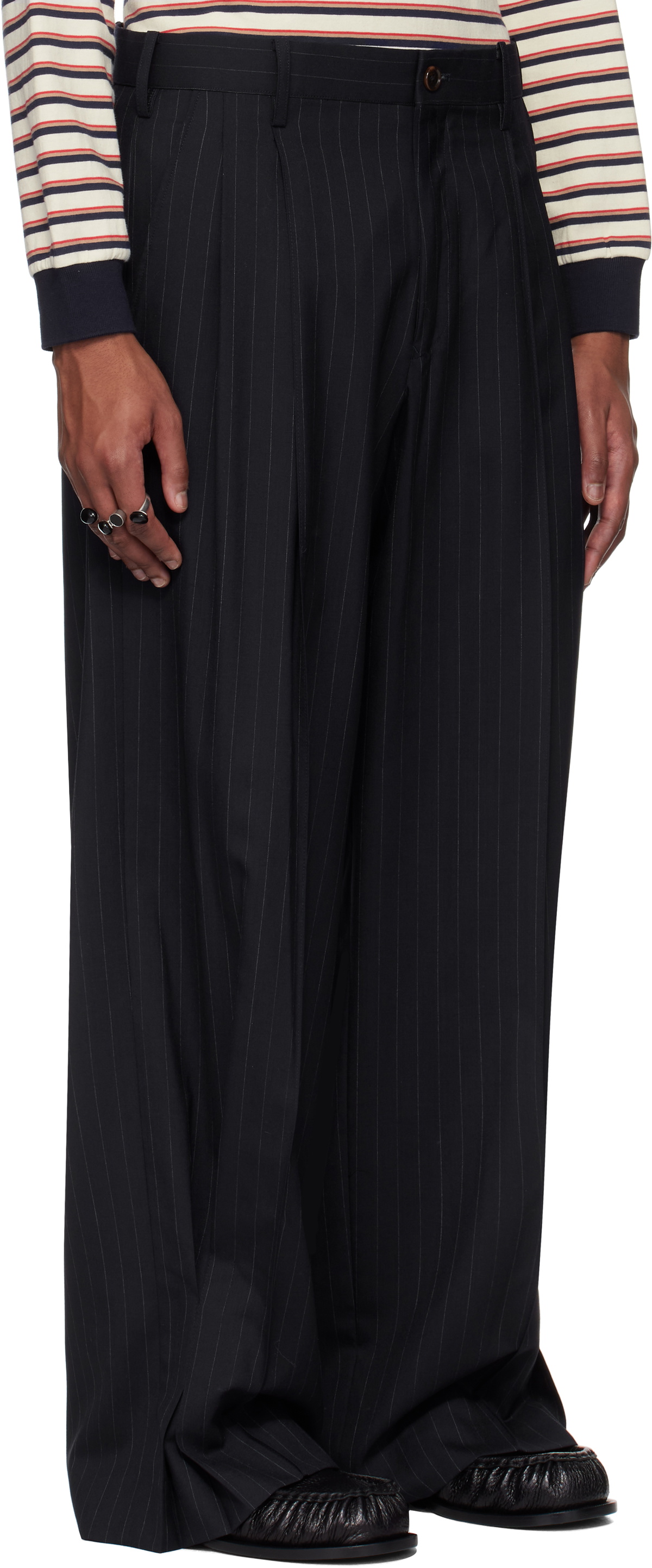 Khoki Navy Pinstripe-Pattern Trousers