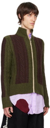Edward Cuming Khaki & Burgundy Cable Knit Zip Sweater