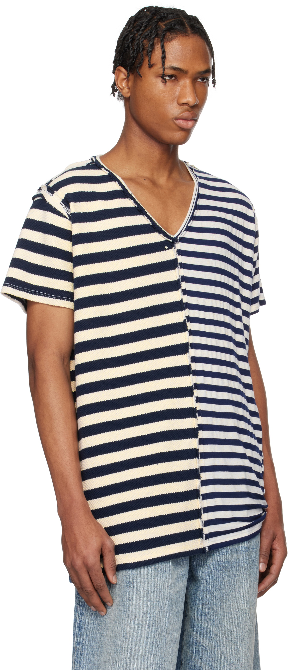 Greg Lauren Navy & Off-White Slit Striped T-shirt