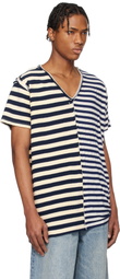 Greg Lauren Navy & Off-White Slit Striped T-shirt