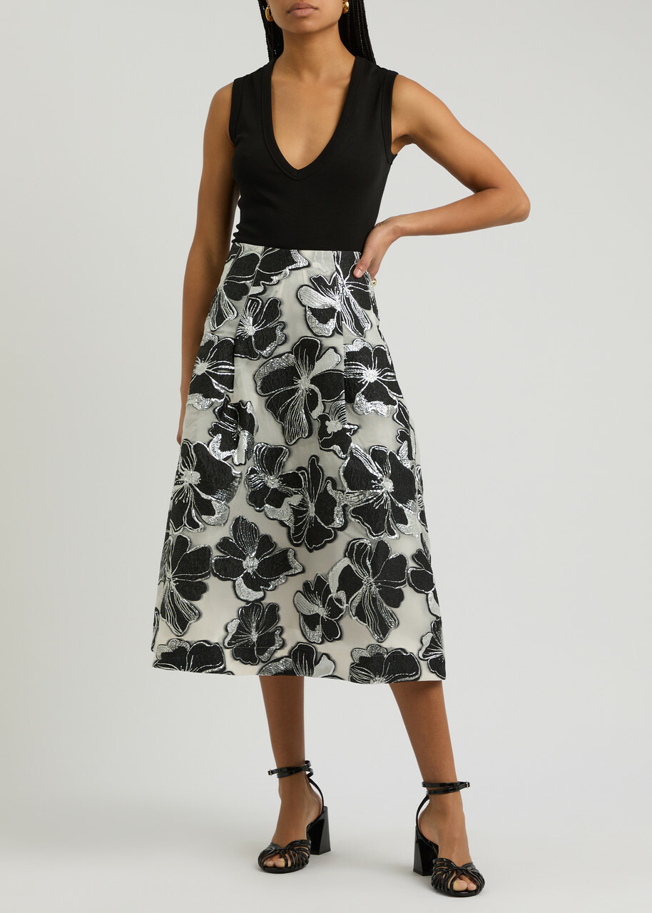 Stine Goya Floral-jacquard Organza Midi Skirt Black And