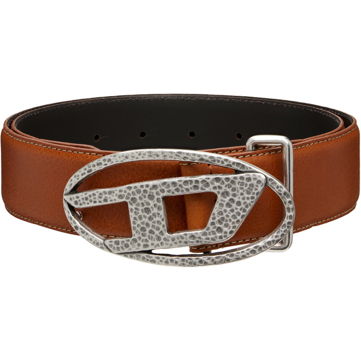 Photo: Diesel Brown 4cm Leather Hammered Oval 'D' Buckle Belt