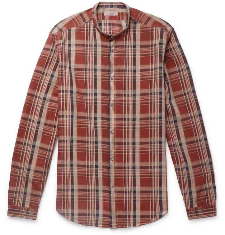 Photo: Boglioli - Slim-Fit Grandad-Collar Checked Cotton and Linen-Blend Shirt - Red