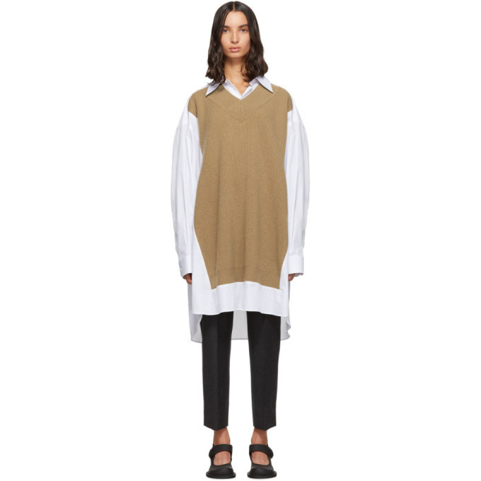 【Maison Margiela】Knit Shirt Dress - White:Beige Maison Margiela White and Beige Knit Shirt Dress Maison Margiela