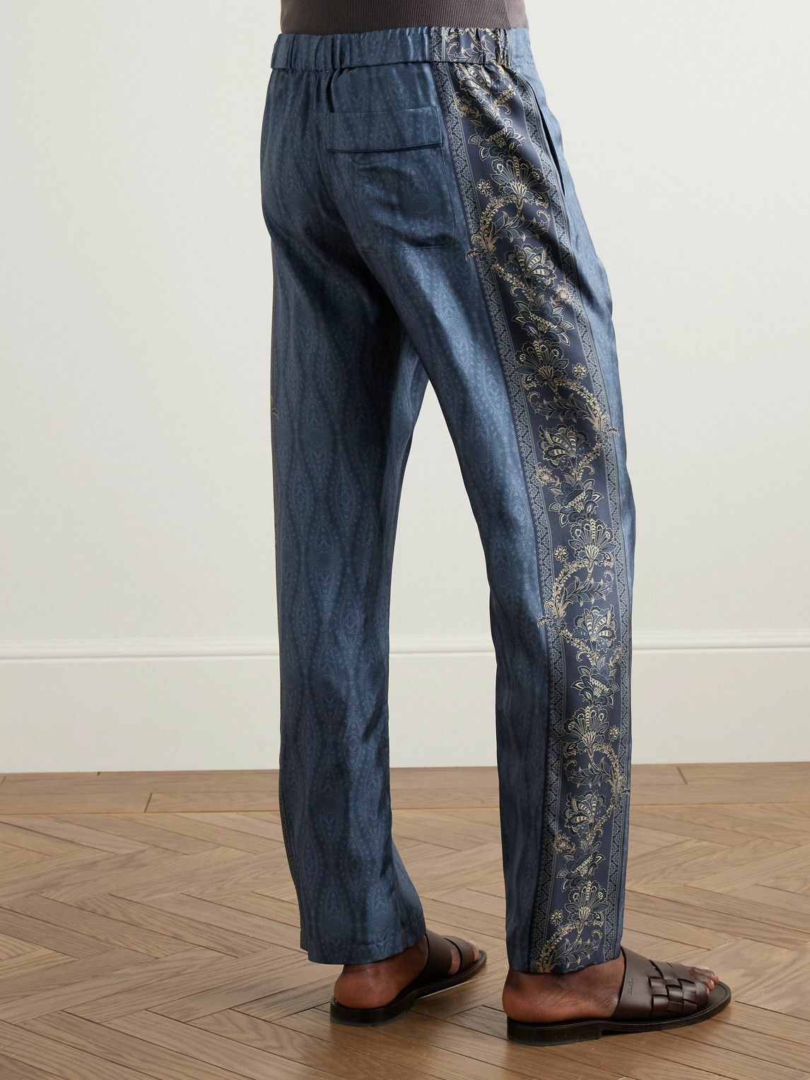 Etro - Slim-Fit Straight-Leg Printed Silk-Twill Trousers - Blue