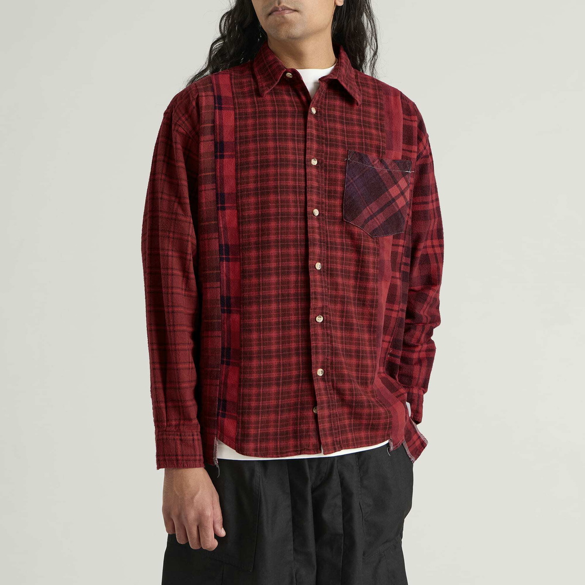 Needles Men's 7 Cuts Overdyed Flannel Shirt in Red